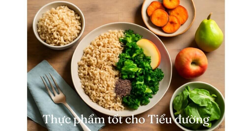 Bữa ăn lành mạnh cho người tiểu đường với gạo lứt, rau xanh, táo và khoai lang giúp kiểm soát đường huyết hiệu quả.