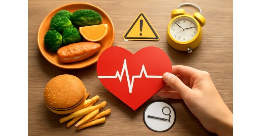 Bức ảnh tập trung vào sức khỏe tim mạch, với hình ảnh một trái tim đỏ có nhịp đập, xung quanh là thực phẩm lành mạnh và những biểu tượng cảnh báo nguy cơ như thức ăn nhanh và đồng hồ báo thức.
