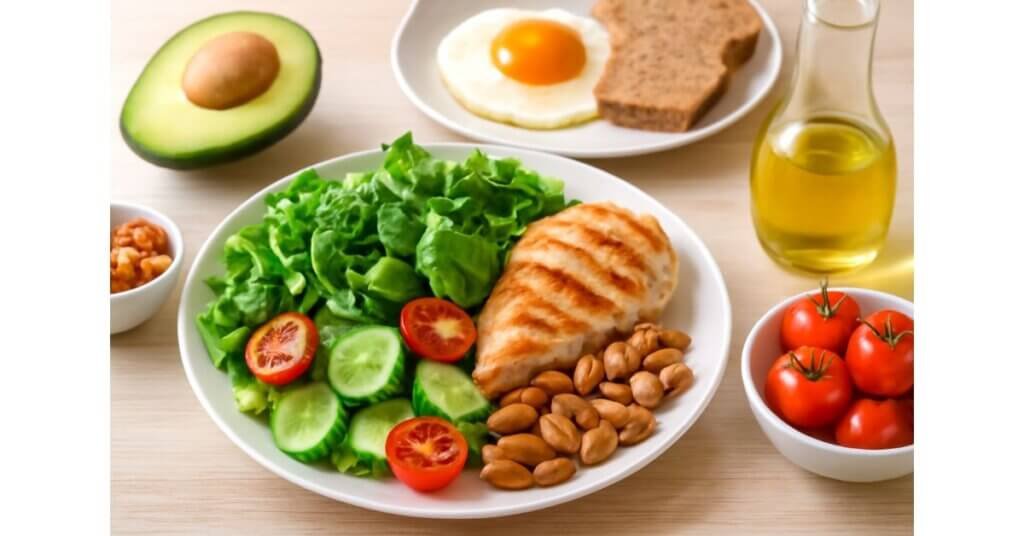 Bữa ăn đầy đủ dưỡng chất với ức gà, rau củ, và các loại hạt giúp duy trì cân nặng và sức khỏe lâu dài.