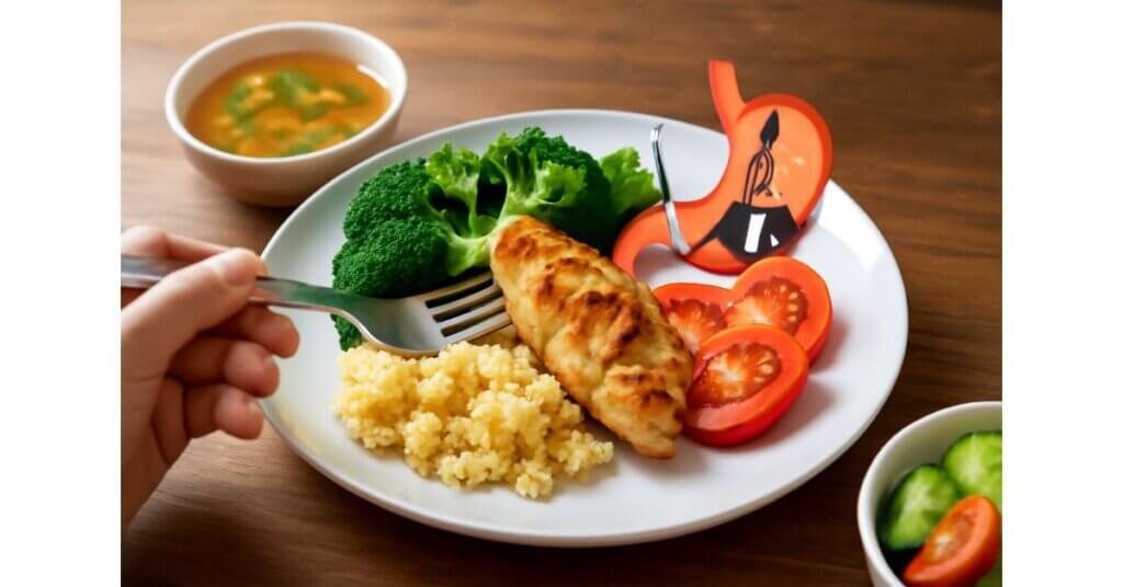 Một bữa ăn đầy đủ dưỡng chất gồm ức gà, rau xanh, couscous và cà chua, cùng minh họa dạ dày với nhạc trưởng tượng trưng cho vai trò của hormone tiêu hóa.