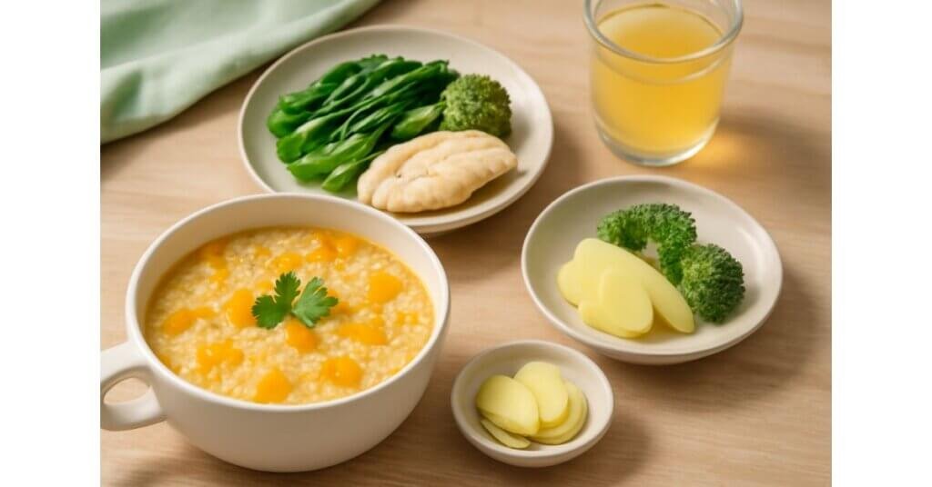 Một bữa ăn lành mạnh với cháo bí đỏ, cá hấp và rau xanh, giúp chăm sóc sức khỏe gan.