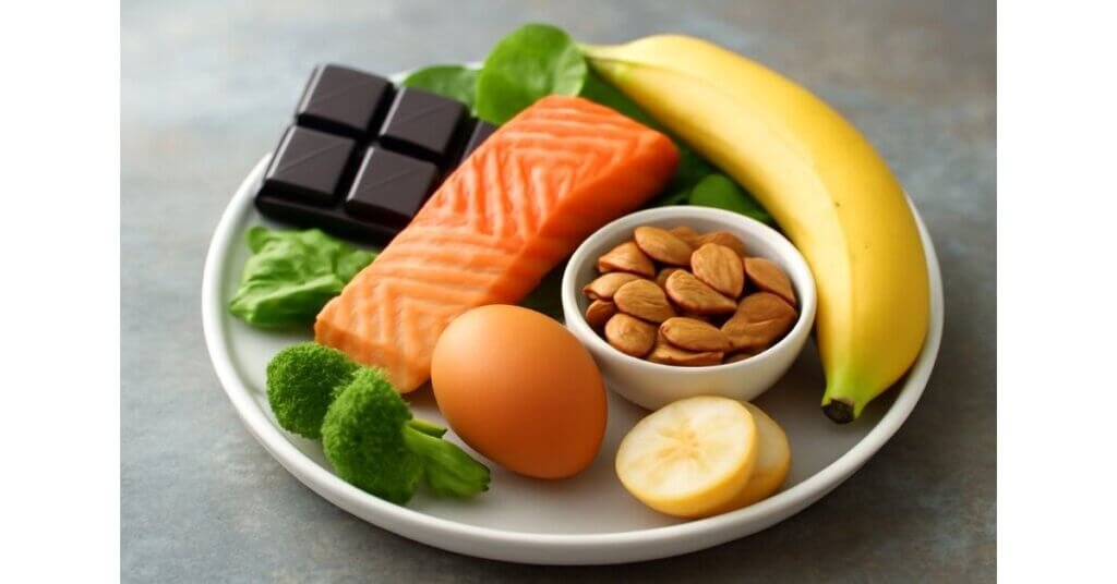 Bữa ăn gồm socola đen, cá hồi, trứng, hạnh nhân, chuối và bông cải xanh hỗ trợ tăng dopamine tự nhiên cho cơ thể.
