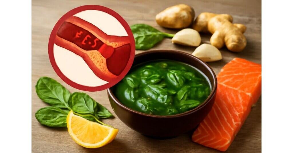 Chế độ ăn ngừa đột quỵ với rau lá xanh, cá hồi và các gia vị tự nhiên như tỏi và gừng giúp bảo vệ mạch máu.