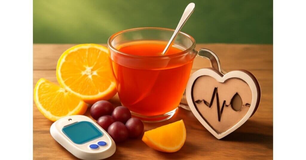 Cốc nước ép cam đỏ, trái cây tươi và máy đo đường huyết trên nền gỗ, minh họa cách kiểm soát đường huyết hiệu quả.