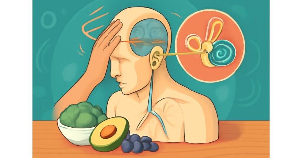 Hình ảnh mô phỏng bộ phận tiền đình trong tai cùng với thực phẩm bổ dưỡng như bông cải xanh, bơ và quả việt quất hỗ trợ sức khỏe tiền đình.