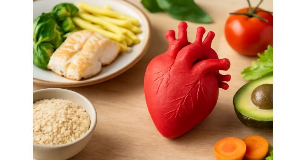 Mô phỏng trái tim với mạch máu và bữa ăn dinh dưỡng bao gồm cá, rau củ và gạo, biểu tượng cho chế độ ăn tốt cho sức khỏe tim mạch.