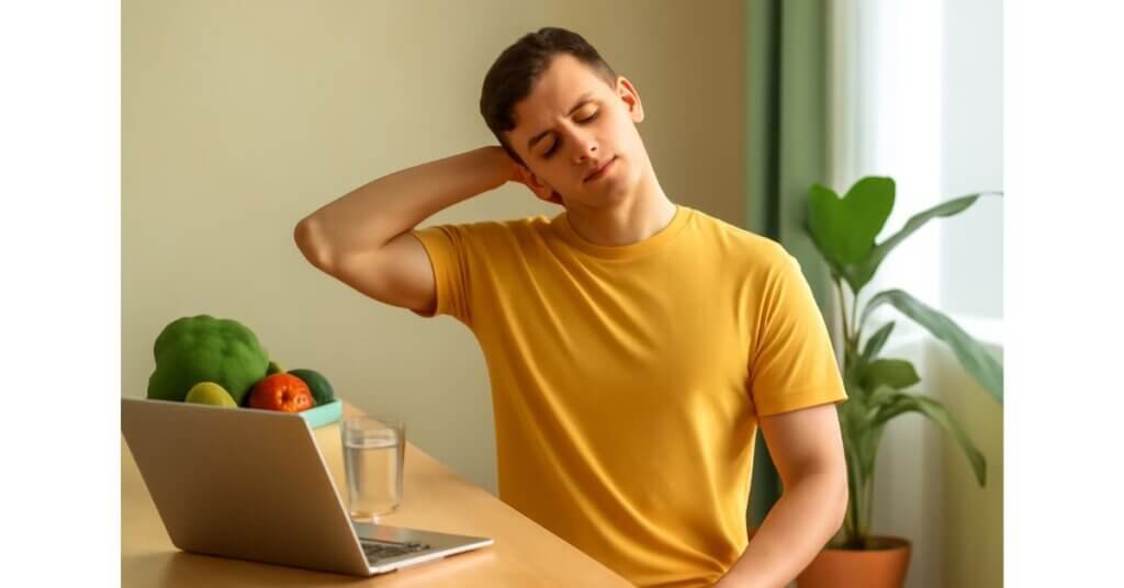 Thanh niên thực hiện bài tập xoay cổ để giảm đau và thoái hóa đốt sống cổ trong không gian làm việc văn phòng.