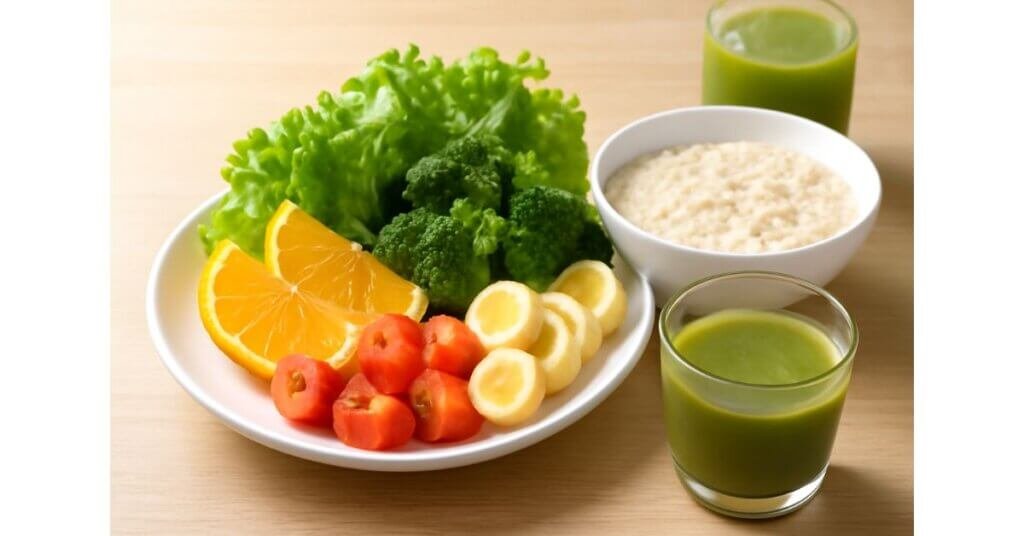 Thực phẩm tươi ngon gồm rau củ, trái cây và nước ép xanh hỗ trợ cải thiện hệ tiêu hóa.