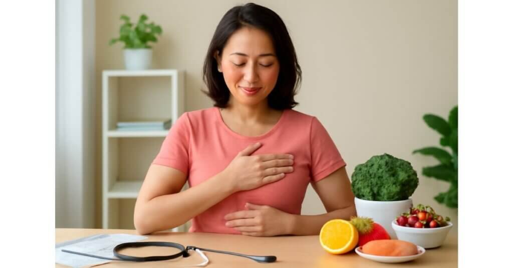 Phụ nữ kiểm tra sức khỏe vú trong không gian sáng sủa, với rau xanh và trái cây tươi, thể hiện việc phòng ngừa ung thư vú.