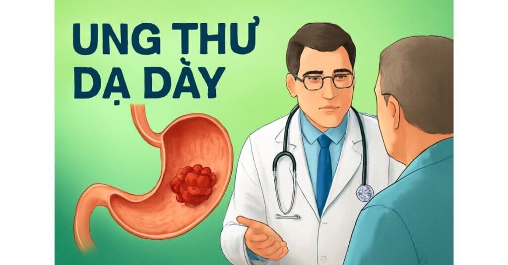 Hình ảnh mô phỏng dạ dày với ung thư, khối u đỏ nổi bật, bác sĩ đang giải thích cho bệnh nhân về căn bệnh.