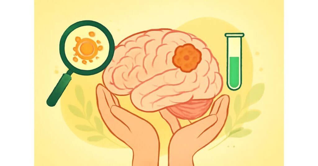 Bộ não với khối u ung thư được nâng đỡ bởi hai bàn tay, kết hợp với biểu tượng nghiên cứu ung thư não bằng kính hiển vi và ống nghiệm.