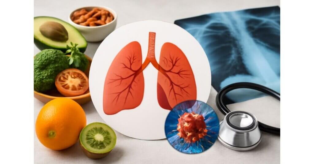 Hình ảnh minh họa phổi khỏe mạnh với thực phẩm giàu dinh dưỡng và hình ảnh tế bào ung thư phổi, giúp truyền tải thông điệp về sự quan trọng của dinh dưỡng trong việc bảo vệ phổi.