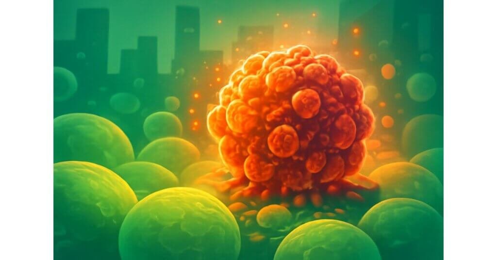 Biểu tượng tế bào ung thư đang xâm chiếm cơ thể, mô phỏng sự phá hoại của chúng và cách chúng lan rộng nếu không được kiểm soát.