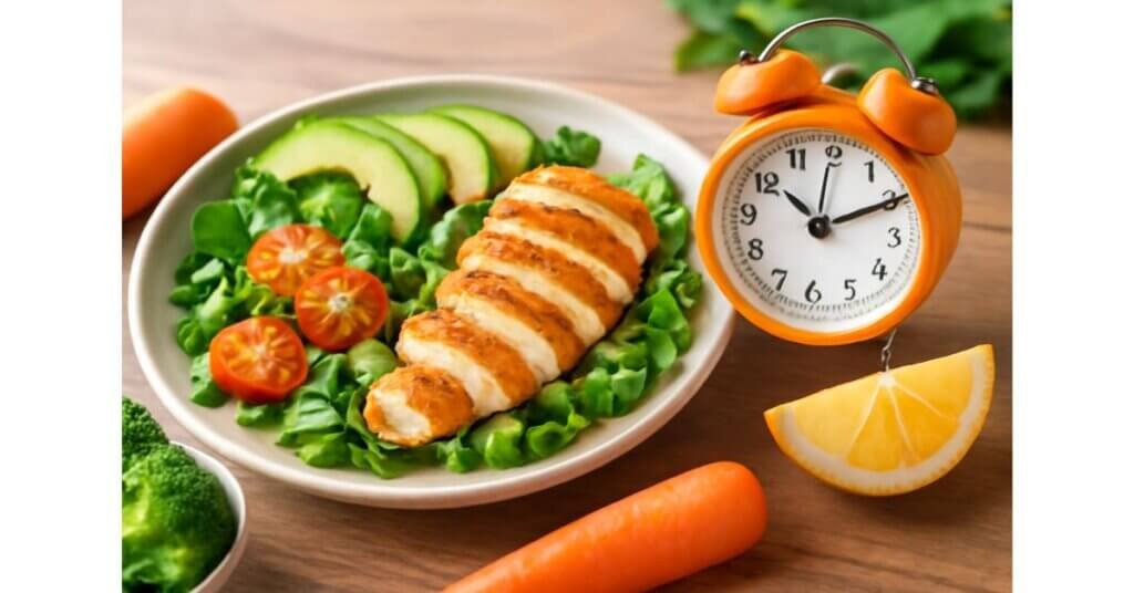 Hình ảnh bữa ăn gồm thịt gà nướng, rau xanh và đồng hồ báo thức thể hiện mối liên hệ giữa hormone Ghrelin và cảm giác đói.