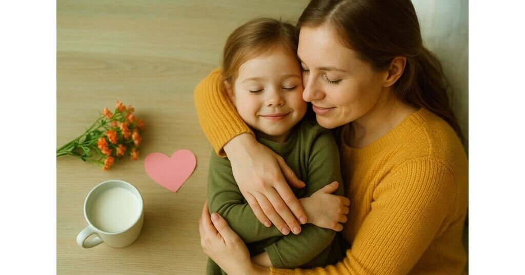 Mẹ ôm con ấm áp bên ly sữa và hoa tươi, biểu tượng gắn kết của Oxytocin – hormone tình yêu giúp giảm stress và bảo vệ tim mạch.