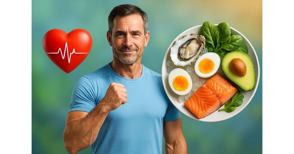 Người đàn ông trung niên khỏe mạnh cùng thực phẩm giàu Testosterone như hàu, cá hồi, trứng và bơ – hỗ trợ tim mạch và phong độ.