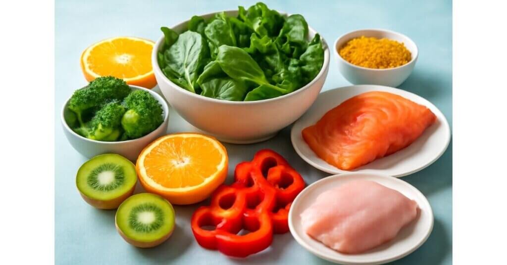 Hình ảnh các thực phẩm như ớt chuông đỏ, cam, kiwi, cá hồi, thịt gà giúp hỗ trợ hệ miễn dịch khỏe mạnh.