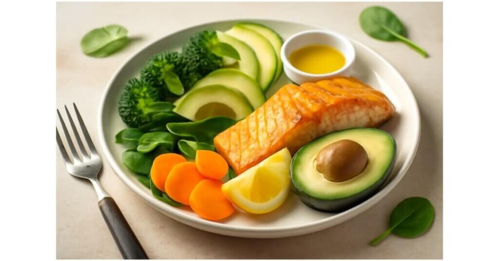 Bữa ăn dinh dưỡng với cá hồi, rau xanh, bơ và cà rốt, giúp ổn định Leptin và duy trì cảm giác no lâu.