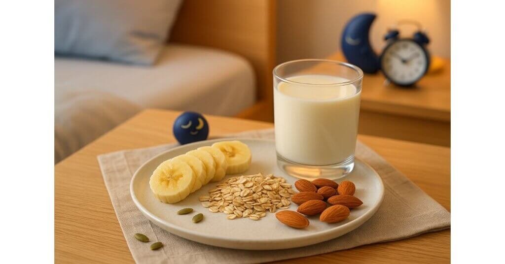 Thực phẩm giàu Melatonin gồm chuối, yến mạch, hạnh nhân và sữa ấm giúp ngủ ngon tự nhiên.