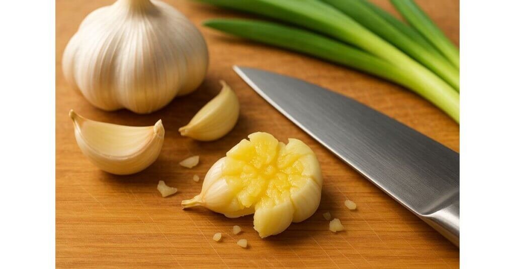 Tỏi tươi bị đập dập để lộ ra Allicin – hợp chất kháng khuẩn và chống viêm mạnh mẽ trong tỏi.