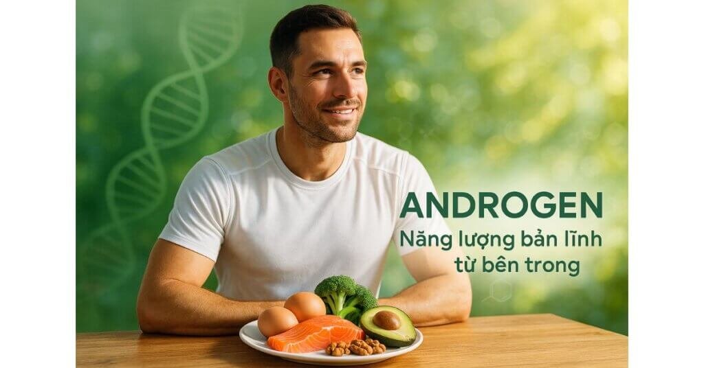 Người đàn ông trung niên khỏe mạnh trong ánh nắng ban mai, bên cạnh là thực phẩm giàu dinh dưỡng như cá hồi, trứng, bơ và rau xanh – thể hiện tinh thần sống khỏe, bản lĩnh và năng lượng tự nhiên từ Androgen.