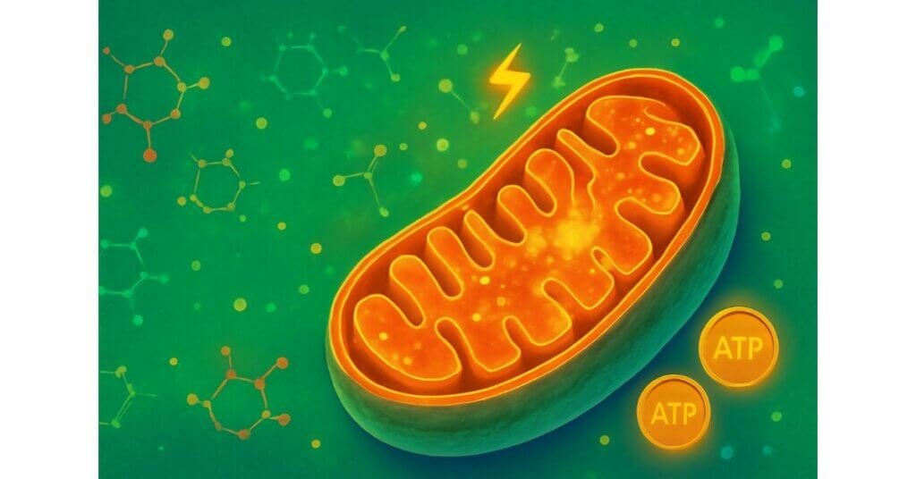 Hình ảnh khoa học về ty thể với các phân tử ATP phát sáng, đại diện cho quá trình sản xuất năng lượng trong tế bào.