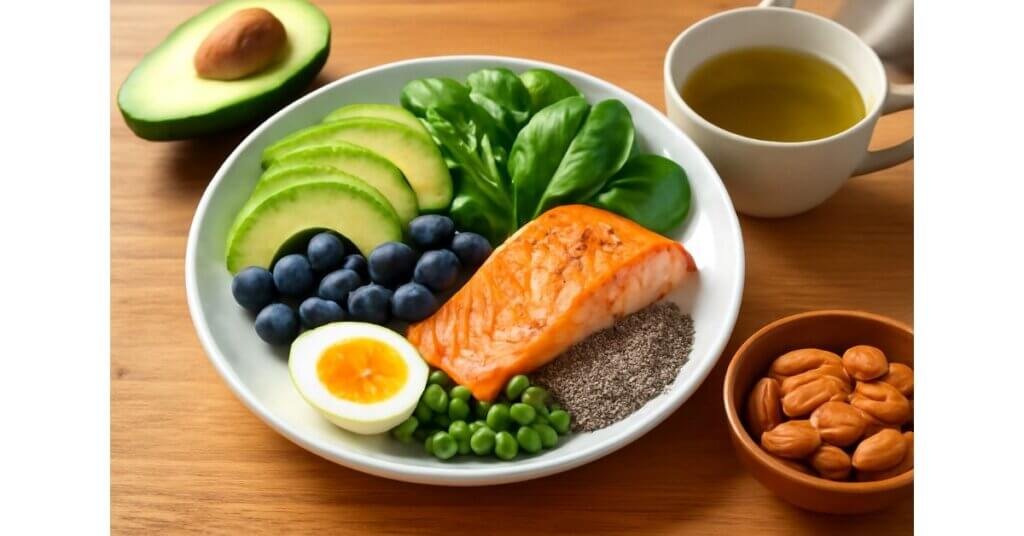 Bữa ăn dinh dưỡng với cá hồi, bơ, trứng luộc, quả mọng và hạt chia giúp cơ thể khỏe mạnh và đốt mỡ thông minh.
