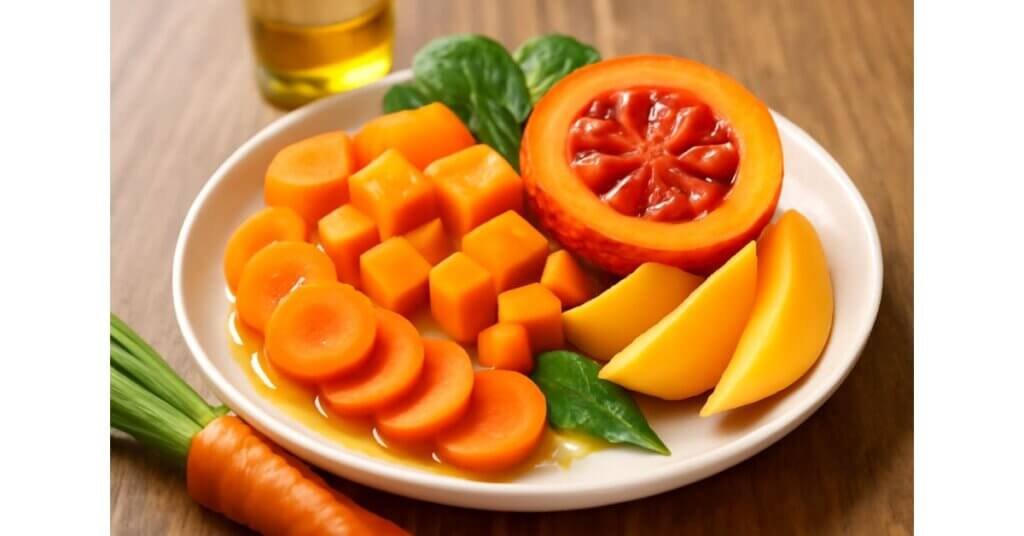 Hình ảnh thực phẩm giàu beta-carotene như cà rốt, bí đỏ, gấc và xoài giúp cải thiện thị giác, da và tim mạch.