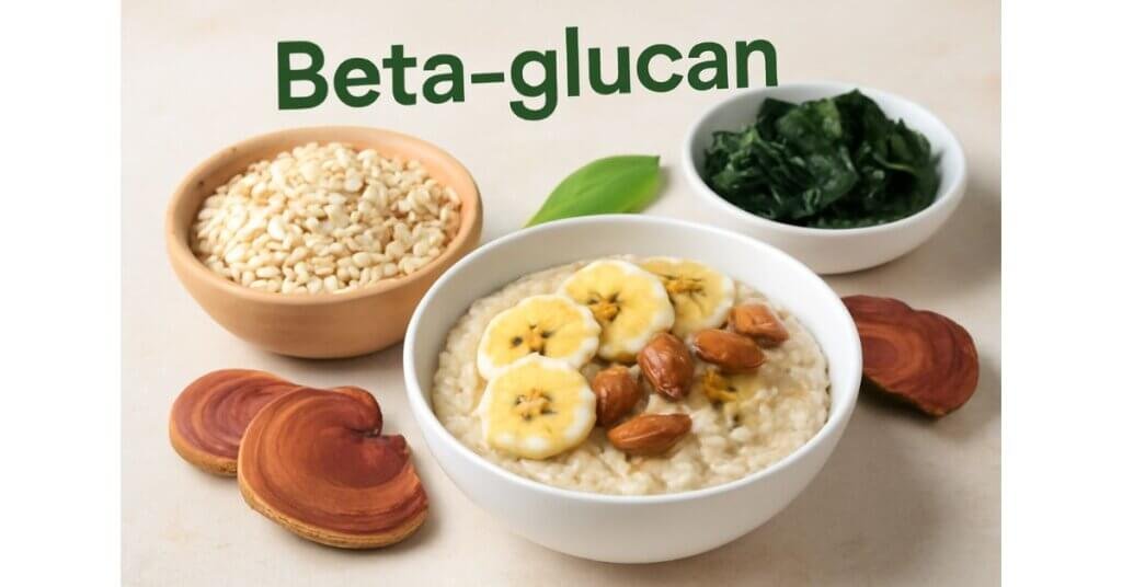 Một bát yến mạch với chuối, hạt chia và hạnh nhân, cùng với các thực phẩm như nấm linh chi và rong biển, cung cấp Beta-glucan tự nhiên cho cơ thể.