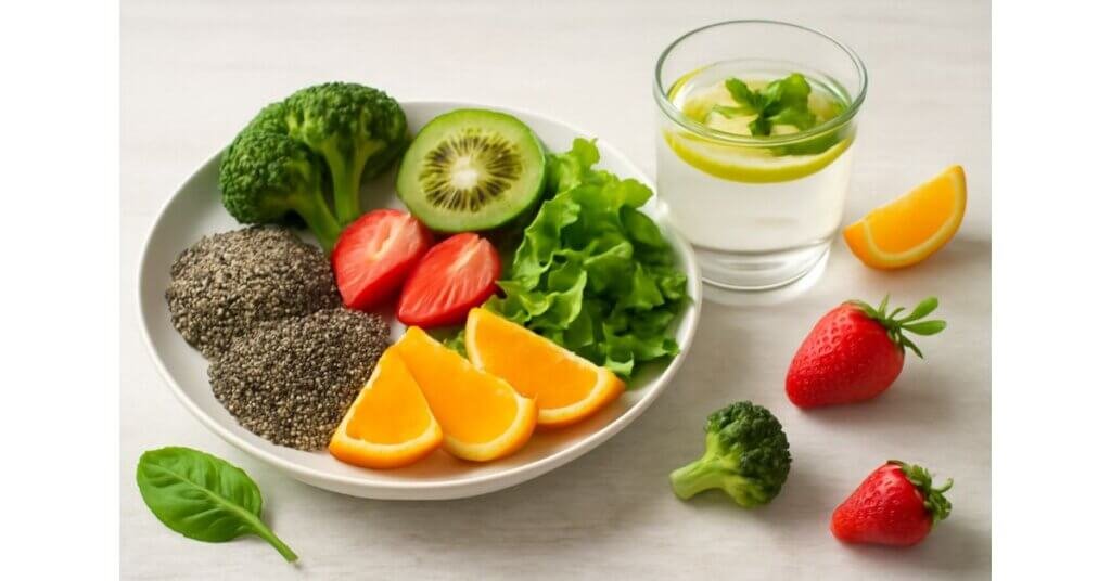 Thực phẩm dinh dưỡng tươi sáng gồm rau xanh, trái cây tươi và hạt chia hỗ trợ phục hồi sức khỏe.