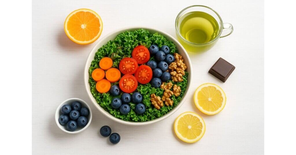 Bữa ăn nhiều rau xanh, trái cây, hạt và trà xanh giàu chất chống oxy hóa giúp cơ thể khỏe mạnh, chống gốc tự do.