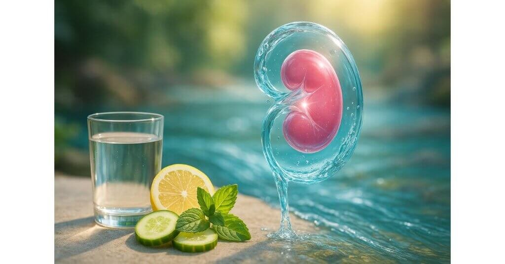 Khối nước trong suốt hình quả thận tỏa sáng, bên cạnh ly nước chanh và lá bạc hà, biểu trưng cho chức năng thận thanh lọc cơ thể.
