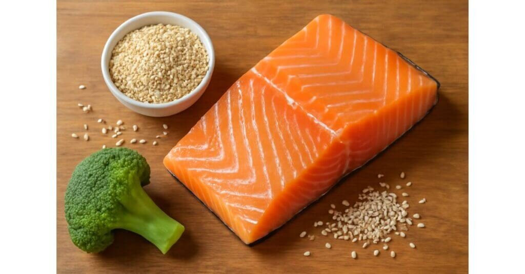 Cá hồi tươi, hạt vừng và bông cải xanh là các thực phẩm giàu Coenzyme Q10 giúp duy trì sức khỏe và năng lượng cho cơ thể.