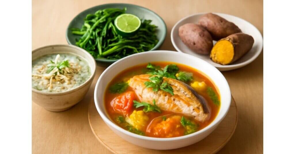 Mâm cơm với các món ăn truyền thống Việt như canh chua cá lóc, cháo gà gừng, rau muống luộc và khoai lang luộc giúp tăng cường hệ miễn dịch.