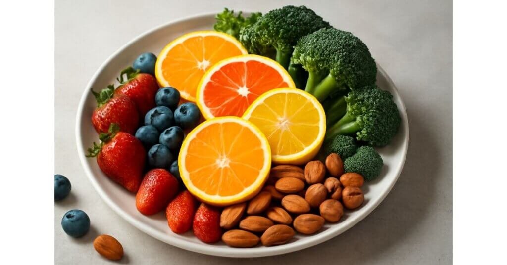 Đĩa chứa cam quýt, nho tím, việt quất, cải xoăn, hạnh nhân và bông cải xanh – thực phẩm giàu flavonoid giúp bảo vệ tim mạch, chống oxy hóa và giảm viêm.