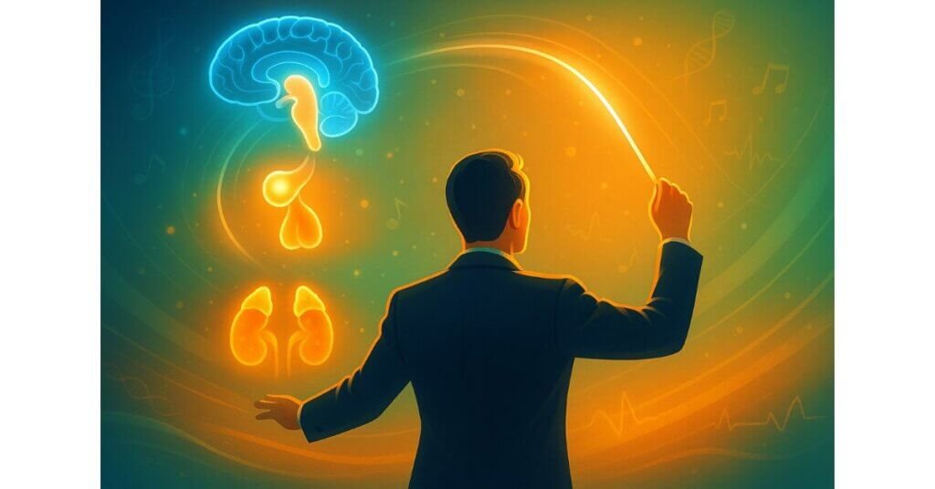 Hình minh họa hormone ACTH như nhạc trưởng điều khiển các tuyến não, tuyến yên và tuyến thượng thận qua dòng năng lượng sáng.