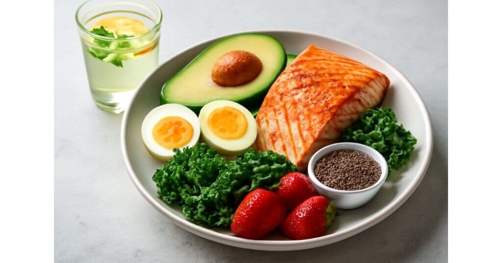 Bữa ăn keto với cá hồi, trứng luộc, bơ, rau xanh và hạt chia hỗ trợ quá trình giảm cân và duy trì sức khỏe.