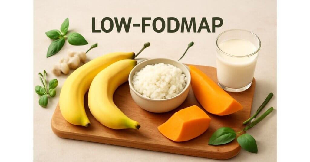 Hình ảnh minh họa cho chế độ ăn Low-FODMAP với chuối, cơm, bí đỏ và sữa hạt, phù hợp với người bị hội chứng ruột kích thích.