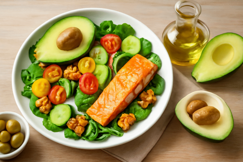 Salad tươi với cá hồi, bơ, cà chua, rau xanh và hạt óc chó, mang đến món ăn đầy dưỡng chất MUFA cho cơ thể."