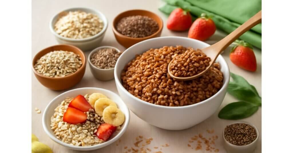 Bát gạo lứt cùng các loại ngũ cốc nguyên hạt như yến mạch, lúa mạch, kiều mạch và diêm mạch, kèm trái cây tươi như chuối và dâu tây, tạo nên bữa sáng lành mạnh.