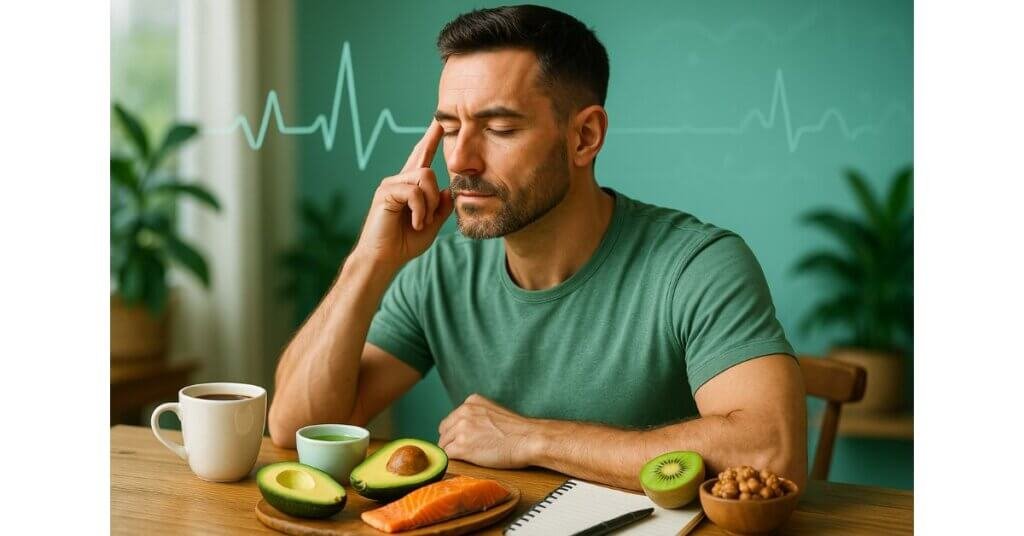 Người trưởng thành trung niên tập trung tỉnh táo bên bàn ăn lành mạnh với cá hồi, bơ, kiwi, hạt óc chó và trà xanh – biểu trưng cho hormone Noradrenaline giúp cơ thể ứng phó stress tự nhiên.