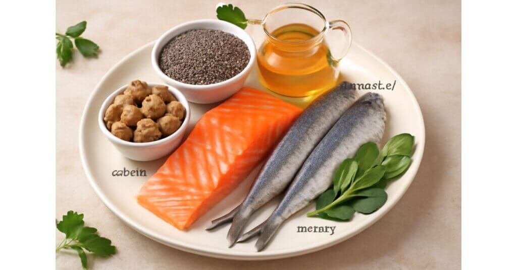 Thực phẩm giàu Omega-3 như cá hồi, cá trích, hạt chia và dầu hạt lanh giúp tăng cường sức khỏe tim mạch và não bộ.