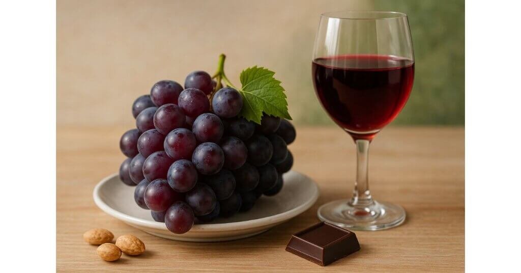 Nho tím tươi, rượu vang đỏ, socola đen và đậu phộng – các nguồn thực phẩm tự nhiên giàu resveratrol giúp hỗ trợ tim mạch và chống lão hóa.