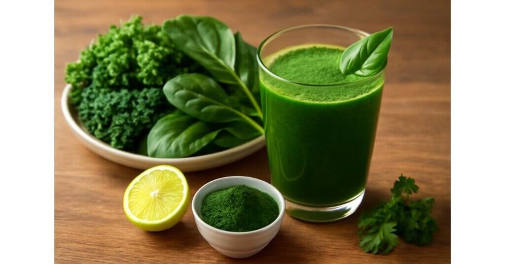 Một ly smoothie xanh tươi mát chứa chlorophyll từ rau cải xoăn, rau bina và bột spirulina, giúp thanh lọc và tăng cường sức khỏe.