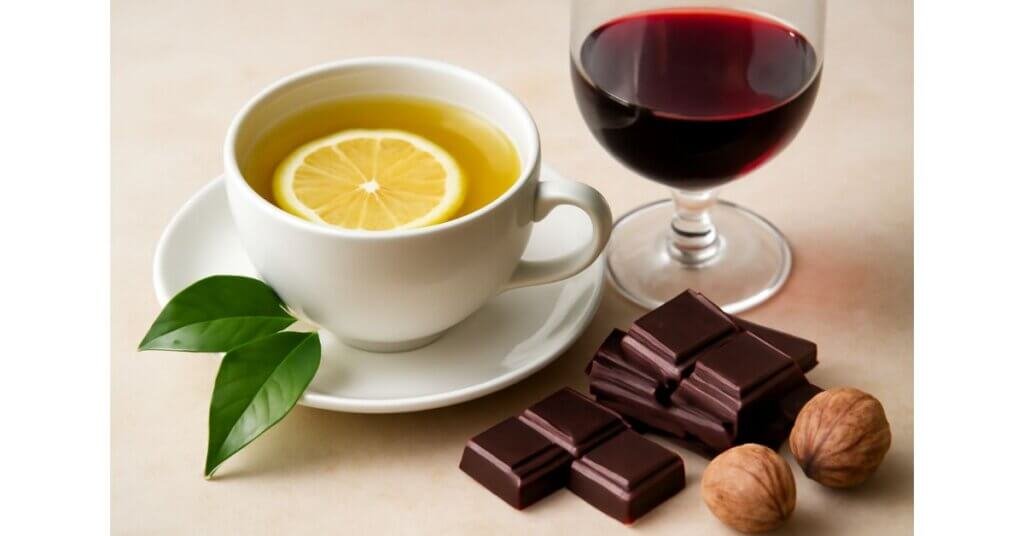 Tannin từ trà xanh, chocolate đen và rượu vang là các nguồn thực phẩm giàu polyphenol, tốt cho sức khỏe tim mạch và chống lão hóa.