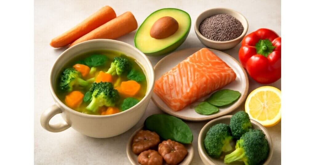 Hình ảnh bát canh rau củ với cá hồi, bơ và hạt chia, các thực phẩm giúp duy trì sức khỏe hệ miễn dịch và cân bằng cytokine.