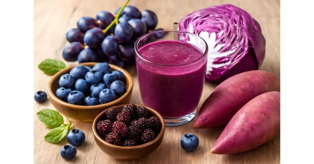 Trái cây và rau củ giàu anthocyanin, như việt quất, nho tím và bắp cải tím, tạo thành một món ăn lành mạnh, tốt cho sức khỏe.