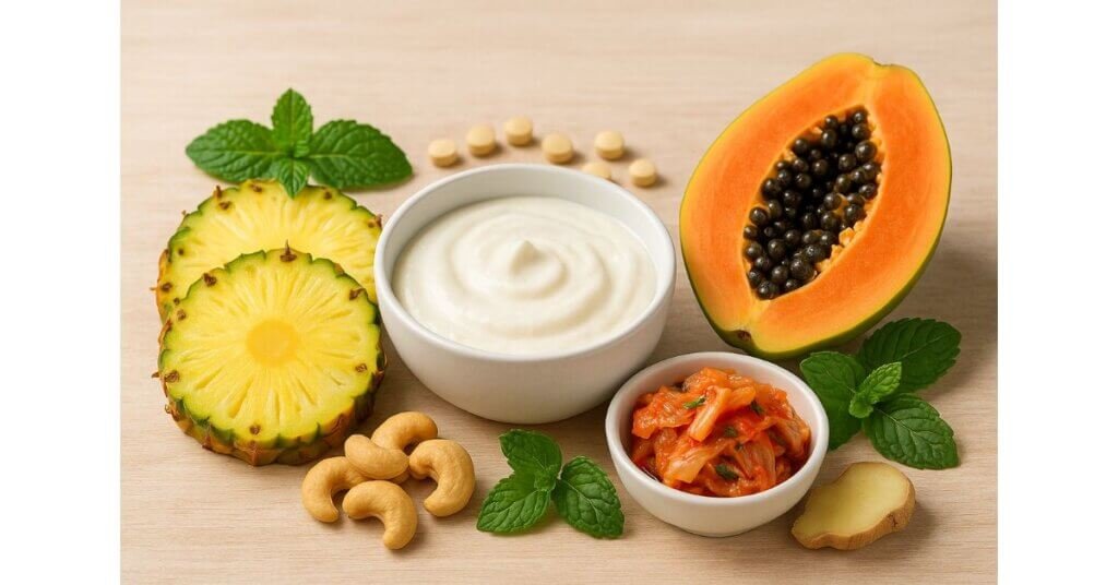 Hình ảnh minh họa các thực phẩm tự nhiên giàu collagen như cá hồi, trái cây tươi, hạt dinh dưỡng và rau củ, tốt cho sức khỏe làn da và khớp.