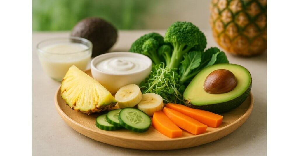 Hình ảnh các thực phẩm giàu enzyme như trái cây tươi, rau sống và sữa chua giúp cơ thể hoạt động khỏe mạnh hơn.