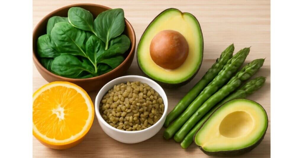 Bộ thực phẩm giàu Folate như rau chân vịt, bơ, cam, đậu lăng và măng tây giúp tái tạo tế bào và bảo vệ tim mạch.